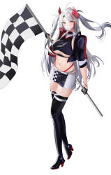 Rule 34 | 1girl, :o, absurdres, antenna hair, azur lane, belt, black footwear, black gloves, black jumpsuit, black shirt, black skirt, blush, boots, breasts, checkered flag, clothing cutout, collared shirt, commentary, crop top, cropped jacket, cropped shirt, cross, earpiece, flag, full body, gloves, hair between eyes, half gloves, headgear, high heel boots, high heels, highleg, highleg panties, highres, holding, holding flag, iron cross, jacket, jumpsuit, large breasts, long hair, looking at viewer, midriff, miniskirt, multicolored hair, navel, official alternate costume, open clothes, open jacket, panties, parted bangs, prinz eugen (azur lane), prinz eugen (final lap) (azur lane), race queen, red hair, red panties, rudder footwear, shirt, short sleeves, sidelocks, silver hair, simple background, skindentation, skirt, sleeveless, sleeveless shirt, solo, standing, streaked hair, swept bangs, taut clothes, taut shirt, thigh boots, thighhighs, two-tone skirt, two side up, underboob, underboob cutout, underwear, very long hair, white background, white belt, white skirt, yellow eyes, zettai ryouiki, zhanggong