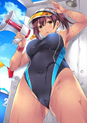 Rule 34 | 1girl, arm up, armpits, bare arms, bare shoulders, black one-piece swimsuit, blue sky, blush, breasts, brown hair, cloud, cloudy sky, competition swimsuit, covered navel, cowboy shot, day, groin, hair between eyes, highleg, highleg swimsuit, highres, holding, holding megaphone, large breasts, legs apart, looking at viewer, medium breasts, megaphone, mizuhara yuu, non-web source, one-piece swimsuit, one-piece tan, open mouth, original, outdoors, short hair, shower (place), shower head, showering, sky, solo, standing, swimsuit, tan, tanline, tile wall, tiles, two side up, wet, wet clothes, wet swimsuit, yellow eyes