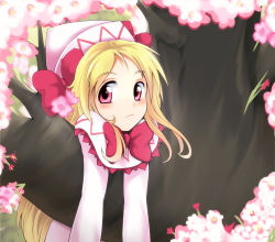 Rule 34 | 1girl, bad id, bad pixiv id, blonde hair, bow, capelet, cherry blossoms, dress, female focus, ginji74, hanging, hat, hat bow, lily white, long hair, looking at viewer, pink eyes, solo, touhou, tree, white dress