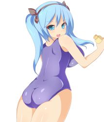 Rule 34 | 1girl, ass, bad id, bad pixiv id, blue eyes, blue hair, breasts, huge breasts, karaage teishoku (regret1994), long hair, looking at viewer, looking back, matching hair/eyes, one-piece swimsuit, original, school swimsuit, smile, solo, swimsuit, thighs, transparent background, twintails, white background