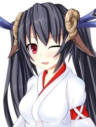 Rule 34 | 10s, 1girl, black hair, blush, hair ornament, horns, japanese clothes, long hair, looking at viewer, miko, neptune (series), noire (neptunia), one eye closed, open mouth, red eyes, ribbon, sarvuant, sheep horns, smile, solo, twintails, white background