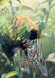 Rule 34 | 1girl, antennae, bare arms, barefoot, black dress, blue hair, breasts, butterfly wings, closed eyes, cocoon, commentary request, dress, eternity larva, green dress, hair ornament, half-closed eyes, highres, insect wings, knees up, leaf, leaf hair ornament, leaning back, legs together, light particles, multicolored clothes, multicolored dress, nature, outdoors, plant, short hair, small breasts, solo, sparkle, thighs, touhou, u u zan, wings