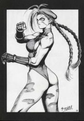 Rule 34 | 1girl, angry, antenna hair, ass, bare shoulders, beret, bodypaint, border, braid, breasts, cammy white, camouflage, capcom, clenched hand, elbow gloves, female focus, fighting stance, fingerless gloves, from behind, frown, gloves, hat, kneepits, leotard, long hair, looking at viewer, looking back, muscular, scar, sideboob, signature, simple background, solo, spread legs, standing, street fighter, thighs, thong leotard, traditional media, tsukasa jun, turtleneck, twin braids