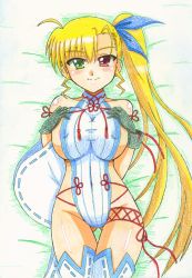 Rule 34 | 1girl, absurdres, areola slip, blonde hair, blush, breasts, closed mouth, green eyes, groin, heterochromia, highres, large breasts, long hair, looking at viewer, lyrical nanoha, mahou shoujo lyrical nanoha strikers, no bra, ponytail, red eyes, side ponytail, smile, solo, vivio