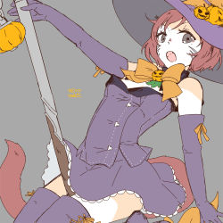 Rule 34 | black eyes, broom, broom riding, cat tail, detached collar, elbow gloves, facial mark, fangs, final fantasy, final fantasy xiv, flat color, gloves, hat, jack-o&#039;-lantern, lili mdoki, looking at viewer, miqo&#039;te, open mouth, pale skin, signature, skirt, skirt set, tail, thighhighs, witch, witch hat, zettai ryouiki
