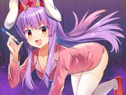 Rule 34 | 1girl, :d, alternate costume, animal ears, blush, breasts, cleavage, commentary request, cross, e.o., hand up, hat, holding, holding syringe, indoors, kneeling, long hair, long sleeves, looking at viewer, medium breasts, no pants, nurse cap, open mouth, panties, pink shirt, purple hair, rabbit ears, red cross, red eyes, red footwear, red panties, reisen udongein inaba, shirt, shoes, sidelocks, smile, solo, syringe, thighhighs, thighs, touhou, underwear, very long hair, white thighhighs
