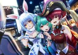 1other, 3girls, animal ear fluff, animal ears, arrow through heart, ascot, backlighting, bangs, bicorne, black choker, black eyepatch, black gloves, black headwear, blue dress, blue hair, blue sleeves, blurry, blurry background, blurry foreground, blush, bodystocking, braid, breasts, brooch, building, bunny ears, buttons, carrot, carrot hair ornament, choker, city lights, coat, cropped jacket, depth of field, detached collar, detached sleeves, don-chan (usada pekora), dress, earrings, embroidery, eyelashes, eyepatch, flat chest, food themed hair ornament, frilled choker, frills, fur-trimmed gloves, fur scarf, fur trim, gloves, gold trim, green hair, hair bun, hair ornament, hair ribbon, hand up, hat, highres, hololive, hololive fantasy, houshou marine, jacket, jewelry, juliet sleeves, leather belt, lens flare, leotard, leotard under clothes, long hair, long sleeves, medium breasts, moon, multicolored hair, multiple girls, night, one eye closed, open mouth, orange eyes, out of frame, outdoors, pirate, puffy sleeves, rabbit girl, red eyes, red hair, red jacket, red neckwear, red ribbon, red skirt, ribbon, sheer leotard, shiny, shiny hair, short eyebrows, short hair, short sleeves, sidelocks, skirt, skull collar, skull earrings, skyscraper, sleeveless, sleeveless jacket, small breasts, soratobu mame., strapless, strapless coat, strapless dress, thick eyebrows, twin braids, twintails, two-tone hair, two-tone skirt, upper body, uruha rushia, usada pekora, virtual youtuber, white coat, white dress, white hair, wide sleeves