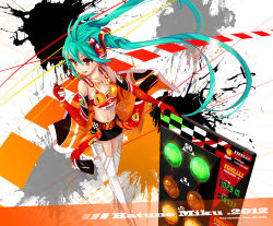 Rule 34 | 10s, 1girl, 39, 2012, aqua hair, belt, dated, elbow gloves, floating hair, gloves, hatsune miku, headset, long hair, orange eyes, pondel, race queen, solo, stopwatch, thighhighs, twintails, very long hair, vocaloid, watch