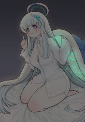 Rule 34 | 1girl, bed, bed sheet, blanket, blue archive, blunt bangs, breasts, cleavage, collared shirt, commentary, dark, glow-in-the-dark, grey hair, halo, highres, index finger raised, large breasts, leaning forward, long hair, long sleeves, looking at viewer, naked shirt, noa (blue archive), purple eyes, seiza, shirt, sidelocks, sitting, smile, solo, white shirt, yosik
