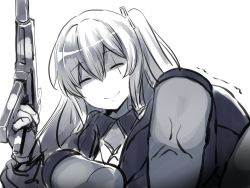 Rule 34 | 1girl, ^ ^, anger vein, belko, closed eyes, closed mouth, false smile, fingerless gloves, girls&#039; frontline, gloves, greyscale, gun, h&amp;k ump, hair between eyes, hair ornament, holding, holding gun, holding weapon, jacket, long hair, monochrome, one side up, open clothes, pov, reaching, reaching towards viewer, scar, scar across eye, scar on face, shaded face, shirt, simple background, smile, trembling, ump45 (girls&#039; frontline), weapon