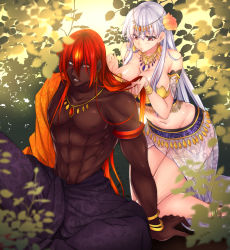 Rule 34 | 1boy, 1girl, alternate hair length, alternate hairstyle, anklet, ashwatthama (fate), bare legs, bracelet, breasts, circlet, cleavage, dark-skinned male, dark skin, earrings, fate/grand order, fate (series), flower, hair flower, hair ornament, hatori mia, highres, jewelry, kama (fate), kneeling, large breasts, leaf, long hair, looking at another, muscular, navel, necklace, red eyes, red hair, shiny skin, sitting, topless male, white hair, yellow eyes