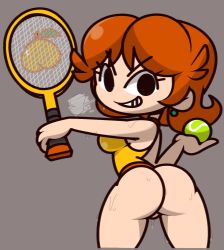 Rule 34 | 1girl, puff of air, arched back, arm up, ass, ball, bare shoulders, black eyes, bottomless, breasts, closed mouth, cowboy shot, cropped legs, earrings, female focus, from behind, grey background, grin, hand up, happy, highres, holding, holding ball, holding racket, jewelry, legs apart, looking at viewer, looking back, mario (series), mario tennis, medium breasts, nintendo, orange hair, outstretched arm, princess daisy, racket, shirt, short hair, sidelocks, simple background, sleeveless, sleeveless shirt, smile, solo, standing, teeth, tennis ball, tennis racket, v-shaped eyebrows, vilepluff, yellow shirt