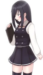 Rule 34 | 1girl, absurdres, asashio (kancolle), asashio kai ni (kancolle), black hair, black thighhighs, blue eyes, book, commentary request, dress, highres, kantai collection, long hair, long sleeves, pinafore dress, pleated dress, profile, shirt, simple background, sleeveless, sleeveless dress, solo, standing, thighhighs, tiemu (man190), white background, white shirt