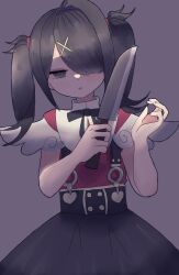 Rule 34 | 1girl, ame-chan (needy girl overdose), black hair, black ribbon, black skirt, closed mouth, collared shirt, commentary request, grey background, grey eyes, hair ornament, hair over one eye, half-closed eyes, hands up, highres, holding, holding knife, knife, kujirai ryosuke, long hair, looking at viewer, neck ribbon, needy girl overdose, red shirt, ribbon, shirt, skirt, solo, suspender skirt, suspenders, twintails, x hair ornament