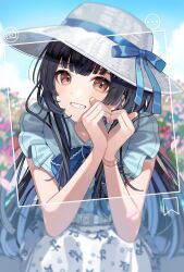 1girl belt black_hair blue_bow blue_bowtie blue_ribbon blue_shirt blue_sky blunt_bangs blurry blush bow bowtie brown_eyes chiri_(ch!) day depth_of_field dot_nose grey_belt grin hands_up hat hat_ribbon heart heart_hands idolmaster idolmaster_shiny_colors long_hair looking_at_viewer mayuzumi_fuyuko outdoors petals ribbon shirt sitting skirt sky smile solo straw_hat watch white_skirt wristwatch