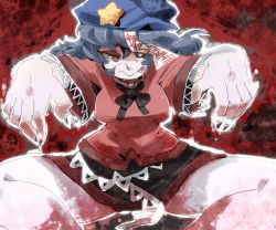 Rule 34 | 1girl, :p, black skirt, blue eyes, blue hair, breasts, curvy, drooling, eyebrows, female focus, fingernails, foreshortening, hat, iroyopon, jiangshi, large breasts, long fingernails, looking at viewer, matching hair/eyes, miniskirt, miyako yoshika, ofuda, outstretched arms, pale skin, red eyes, red theme, saliva, shawl, short hair, skirt, smile, solo, star (symbol), thick eyebrows, tongue, tongue out, touhou, wavy hair, zombie pose