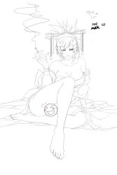 Rule 34 | &gt; &lt;, 1girl, arm support, bare shoulders, barefoot, blush stickers, censored, chain, cigarette, circle a, comb, closed eyes, feet, greyscale, hair ornament, headdress, highres, horns, japanese clothes, kimono, lineart, monochrome, naughty face, open clothes, original, sitting, sketch, smoke, solo, sweat, toes