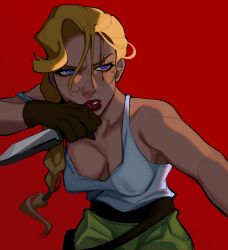 Rule 34 | 1girl, absurdres, atlantis: the lost empire, blonde hair, blood, blood on face, blue eyes, braid, brown gloves, cowboy shot, gloves, green pants, hand up, helga sinclair, highres, holding, holding knife, injury, knife, long hair, mole, mole under eye, no bra, nosebleed, pants, parted lips, porqueloin, purple eyes, red background, red lips, shirt, simple background, single braid, solo, strap slip, tank top, white shirt, wiping mouth