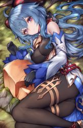 Rule 34 | 1girl, ahoge, ass, bare shoulders, bell, black gloves, black leotard, black pantyhose, blue hair, breasts, closed mouth, cowbell, detached collar, detached sleeves, frown, ganyu (genshin impact), genshin impact, gloves, goat horns, has bad revision, has downscaled revision, highres, horns, leotard, long hair, long sleeves, looking at viewer, lying, md5 mismatch, medium breasts, neck bell, on side, pantyhose, purple eyes, resolution mismatch, snm (sunimi), solo, source smaller, thighlet, thighs, very long hair