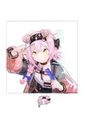 Rule 34 | 1girl, animal ears, arknights, arm up, black choker, black coat, black hairband, black skirt, blue bow, bow, braid, cat ears, chibi, chibi inset, choker, coat, comb, crying, cutting hair, female focus, goldenglow (arknights), hair bow, hairband, high-waist skirt, highres, holding, holding comb, holding scissors, id card, lightning bolt print, long hair, long sleeves, looking up, multicolored coat, open clothes, open coat, pink coat, pink hair, pipidan, puffy long sleeves, puffy sleeves, scissors, shirt, side braid, skirt, solo, two-tone coat, upper body, white background, white shirt, yellow eyes