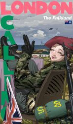 Rule 34 | 1girl, aircraft, aircraft carrier, airplane, assault rifle, beret, black footwear, black gloves, black hair, black pants, boots, british army, building, camouflage, camouflage jacket, chair, cloud, cloudy sky, cup, day, english text, falkland islands, falklands war, fatigues, fighter jet, flag, flag of the falklands islands, freckles, gloves, green eyes, gun, hat, highres, jacket, jet, long sleeves, looking at viewer, military, military vehicle, ocean, original, outdoors, pants, pzkpfwi, red hat, rifle, ship, short hair, sitting, sky, soldier, solo, teacup, tongue, tongue out, union jack, united kingdom, warship, watercraft, weapon
