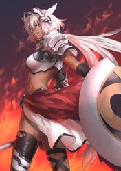 Rule 34 | 1girl, animal ears, armor, blue eyes, breastplate, breasts, caenis (fate), cleavage, commentary request, cowboy shot, crotch plate, dark-skinned female, dark skin, fate/grand order, fate (series), fiery background, fire, gloves, grin, hair intakes, hairband, halterneck, headgear, highres, holding, knj k ari, large breasts, long hair, looking at viewer, polearm, shield, shoulder armor, single thighhigh, smile, solo, tattoo, thigh strap, thighhighs, waist cape, weapon, white hair, wrist guards