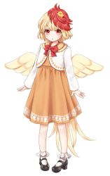 Rule 34 | 1girl, animal, animal on head, bird, black footwear, blonde hair, bobby socks, bow, bowtie, chick, commentary request, dress, feathered wings, full body, high heels, highres, long sleeves, looking at viewer, mary janes, multicolored hair, niwatari kutaka, on head, orange dress, red bow, red bowtie, red eyes, red hair, shirt, shoes, short hair, simple background, socks, solo, standing, torinari (dtvisu), touhou, two-tone hair, white background, white shirt, white socks, wings, yellow wings