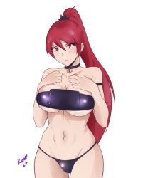 Rule 34 | 1girl, azur lane, beach, bikini, blush, breast hold, breasts, cleavage, highres, kinaee, large breasts, long hair, looking at viewer, maryland (azur lane), red eyes, red hair, self-upload, simple background, solo, swimsuit