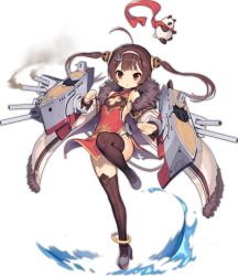 Rule 34 | 1girl, ahoge, azur lane, black thighhighs, brown hair, cannon, china dress, chinese clothes, clenched hand, dress, fighting stance, full body, headband, jacket, kinjo kuromomo, leg up, looking at viewer, official art, panda, ping hai (azur lane), red eyes, scarf, shoes, skindentation, solo, standing, standing on one leg, thighhighs, transparent background, twintails, v-shaped eyebrows