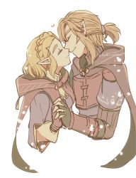 Rule 34 | 1boy, 1girl, armor, blonde hair, braid, breasts, brown cape, cape, closed eyes, couple, earrings, fingerless gloves, gloves, hair between eyes, hair ornament, hairclip, heart, holding hands, imminent kiss, jewelry, kaidou mitsuki, link, long sleeves, low ponytail, medium breasts, medium hair, nintendo, pointy ears, princess zelda, red cape, sidelocks, single earring, smile, the legend of zelda, the legend of zelda: breath of the wild, the legend of zelda: tears of the kingdom, upper body, white background, wide sleeves