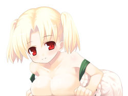 Rule 34 | 1girl, armlet, armpits, bare shoulders, blush, breasts, character request, closed mouth, collarbone, fantasy earth, fantasy earth zero, kagura mizuki, large breasts, looking at viewer, red eyes, short hair, simple background, smile, solo, tareme, twintails, upper body, white background