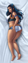 Rule 34 | 1girl, absurdres, alternate breast size, alternate costume, ass, barefoot, bed, blue eyes, blue hair, breasts, creatures (company), dakimakura (medium), dark-skinned female, dark skin, earrings, eye contact, feet, flowerxl, game freak, half-closed eyes, highres, huge ass, jewelry, large breasts, lingerie, long hair, looking at another, looking at viewer, looking back, lying, nessa (pokemon), nintendo, on side, pokemon, pokemon swsh, shorts, sideboob, solo, tank top, thick thighs, thighs, underwear, video game character, wide hips
