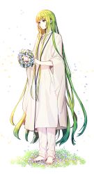 Rule 34 | 1other, barefoot, closed mouth, ede, enkidu (fate), fate/grand order, fate/strange fake, fate (series), flower, from side, full body, grass, green eyes, green hair, highres, holding, long hair, looking to the side, other focus, pants, robe, sidelocks, simple background, smile, solo, standing, trap, very long hair, white background, white pants, wide sleeves
