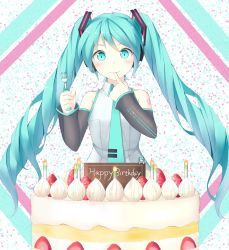 Rule 34 | 1girl, aqua eyes, aqua hair, butatikin, cake, candle, detached sleeves, finger to mouth, food, fork, fruit, happy birthday, hatsune miku, hatsune miku (vocaloid3), headphones, highres, long hair, necktie, see-through, smile, solo, strawberry, twintails, very long hair, vocaloid