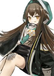Rule 34 | 1girl, :q, arknights, azuazu 0405, bandage on knee, black jacket, black skirt, brown eyes, brown hair, dutch angle, feather hair, green nails, highres, holding cube, hood, hood up, jacket, kafka (arknights), licking lips, long sleeves, nail polish, open clothes, open jacket, rubik&#039;s cube, shirt, sidelocks, simple background, sitting, skirt, smile, solo, split mouth, tongue, tongue out, white background, white shirt