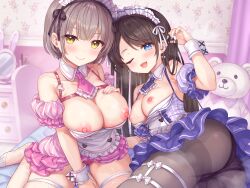 Rule 34 | 2girls, :d, absurdres, ass, bed, black hair, black panties, blue dress, blue eyes, blush, breasts, breasts out, brown hair, cameltoe, cleavage, closed mouth, clothes lift, detached collar, dress, ear piercing, fishnet thighhighs, fishnets, highres, indoors, large breasts, looking at viewer, lying, maid headdress, medium breasts, mirror, multiple girls, nail polish, name tag, nipples, non-web source, on bed, on side, one eye closed, open mouth, original, otosume ruiko, panties, pantyhose, piercing, pink dress, pink panties, pussy juice, shelf, short hair, sitting, skirt, skirt lift, smile, stained panties, stuffed animal, stuffed toy, teddy bear, thighhighs, thighs, underwear, wariza, white thighhighs, wrist cuffs, yellow eyes