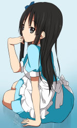 Rule 34 | 1girl, akiyama mio, apron, arm support, artist name, black hair, blue background, blue bow, blue dress, blush, bow, dated, dress, frilled apron, frills, from side, full body, hair bow, hand on own face, k-on!, long hair, official style, profile, puffy short sleeves, puffy sleeves, ragho no erika, short sleeves, sidelocks, simple background, sitting, solo, white apron, white bow, yokozuwari