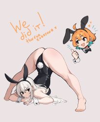 Rule 34 | 2girls, animal ears, ass, barefoot, black eyes, chibi, commentary, english commentary, fake animal ears, feet, hair between eyes, highres, leotard, long hair, maidcousin, multiple girls, nail polish, original, playboy bunny, rabbit ears, rabbit tail, sidelocks, solo focus, tail, thumbs up, toes, top-down bottom-up, white hair