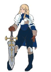 Rule 34 | 1girl, absurdres, agrias oaks, agu (agoppdki), armor, blonde hair, braid, breastplate, breasts, brown eyes, brown gloves, final fantasy, final fantasy tactics, full body, gloves, highres, holding, holding sword, holding weapon, medium breasts, shoulder armor, simple background, solo, sword, weapon, white background