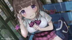 Rule 34 | 1girl, akira tooru, arm up, artist name, bag, bow, bra, bra visible through clothes, braid, breasts, brown hair, collared shirt, commentary request, copyright request, hair bow, hand in own hair, hand up, long hair, looking at viewer, medium breasts, on bench, outdoors, pink bow, pink bra, pleated skirt, purple eyes, rain, red skirt, resolution mismatch, revision, school bag, school uniform, see-through, shirt, short sleeves, sitting, skirt, solo, source larger, twin braids, twintails, underwear, virtual youtuber, wet, wet clothes, wet shirt, wing collar