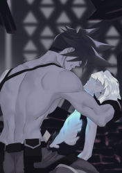 Rule 34 | 2boys, androgynous, asymmetrical hair, clenched teeth, closed eyes, earrings, galo thymos, holding person, jewelry, lio fotia, looking at another, male focus, mohawk, multiple boys, pants, promare, shirt, short hair, sidecut, single earring, skinny, sweatdrop, teeth, topless male, torn clothes, torn shirt, twitter username, undercut, yon prmr