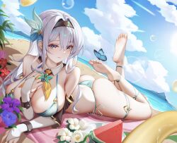 Rule 34 | 1girl, absurdres, ass, barefoot, beach, bikini, breasts, feet, firefly (honkai: star rail), food, fruit, hairband, highres, honkai: star rail, honkai (series), long hair, looking at viewer, luai, lying, multicolored eyes, on stomach, soles, swimsuit, the pose, toes, watermelon, watermelon slice, white hair