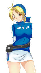 Rule 34 | 1girl, alternate color, arms behind back, bandana, belt, blonde hair, blush, breasts, brown eyes, contrapposto, dog tags, earrings, highres, hoop earrings, jewelry, juudai, malin (kof), miniskirt, pencil skirt, player 2, pouch, short hair, skirt, smile, snk, solo, standing, striped, the king of fighters, vertical stripes