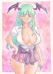 Rule 34 | 1girl, alternate costume, areola slip, blush, border, breasts, celebelian, cleavage, collarbone, cowboy shot, darkstalkers, demon girl, earrings, fang, green eyes, green hair, head wings, highres, hoop earrings, jewelry, long hair, miniskirt, morrigan aensland, pink background, pink skirt, pleated skirt, shirt, skirt, smirk, solo, tied shirt, white border, white shirt, wings