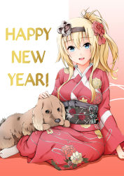 Rule 34 | 1girl, alternate costume, alternate hairstyle, blonde hair, blue eyes, breasts, chinese zodiac, crown, english cocker spaniel, floral print, hair ornament, hard-translated, highres, japanese clothes, kantai collection, kimono, long hair, long sleeves, mini crown, new year, obi, ponytail, sash, sezok, sitting, socks, tabi, text focus, third-party edit, translated, warspite (kancolle), wide sleeves, year of the dog