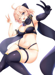 Rule 34 | 1girl, ahoge, black bow, black gloves, black panties, black scarf, black thighhighs, blonde hair, blush, bow, breasts, cleavage, commentary request, fate/grand order, fate (series), gloves, hair between eyes, hair bow, hinata sora, large breasts, looking at viewer, navel, okita j. souji (first ascension) (fate), okita souji (fate), okita souji (koha-ace), one eye closed, open mouth, panties, scarf, short hair, simple background, single glove, smile, solo, thighhighs, underwear, v, white background, yellow eyes