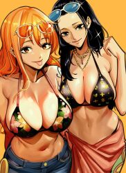 2girls absurdres bare_shoulders bikini bikini_top_only bikini_under_clothes black_bikini black_hair blue_eyes breasts cleavage commentary curvy denim eyewear_on_head hair_slicked_back halterneck highres jeans jewelry large_breasts long_hair looking_at_viewer multiple_girls nadainishi nami_(one_piece) navel necklace nico_robin one_piece orange_background orange_eyes orange_hair pants pink_sarong sarong shiny_skin shoulder_tattoo sidelocks smile standing sunglasses sunglasses_on_head swimsuit tattoo tongue tongue_out upper_body very_long_hair wide_hips