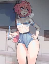 Rule 34 | 1boy, astolfo (fate), bubble tea, bulge, choker, cup, denim, denim shorts, drinking straw, erection, erection under clothes, fate (series), hand on own hip, male focus, nail polish, nelewdy, open mouth, pink eyes, pink hair, pink nails, see-through, see-through shirt, shorts, solo, steam, sweatdrop, thighs, tongue, tongue out, trap
