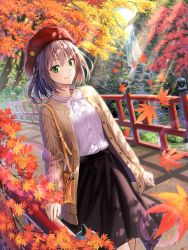 Rule 34 | 1girl, absurdres, autumn leaves, bag, beret, black skirt, bridge, cardigan, carrying, closed mouth, commentary, dappled sunlight, dutch angle, handbag, hat, highres, leaf, lens flare, looking at viewer, macha0331, maple leaf, medium hair, medium skirt, mochizuki mio, original, outdoors, red hat, shirt, skirt, smile, smiley face, solo, standing, sunlight, water, waterfall, white shirt, yellow cardigan
