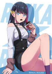 Rule 34 | 1girl, arm support, black choker, black hair, blue eyes, blunt bangs, blush, candy, character name, chocolate, chocolate bar, choker, cosplay, earpiece, eating, food, gridman universe, high-waist shorts, highres, knee up, long hair, long sleeves, looking at viewer, metallic rouge, multicolored hair, nikonishi, purple hair, purple socks, red hair, rouge redstar, rouge redstar (cosplay), shiny skin, shorts, signature, sitting, socks, solo, ssss.gridman, streaked hair, takarada rikka, thick thighs, thighs